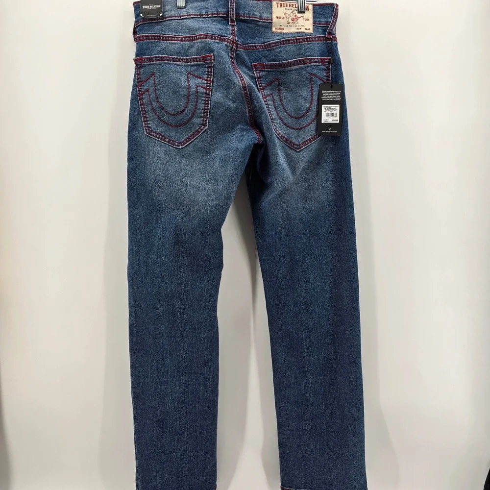 True Religion Ricky Big T Relaxed Straight Jeans Mens Red Stitch Blue 32x34 NEW